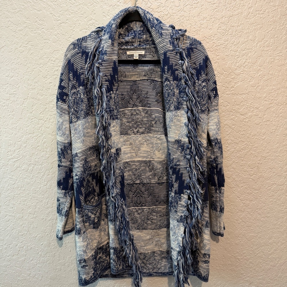 American Eagle Southwestern Fringe Open Front Cardigan Medium‎ Blue White Boho